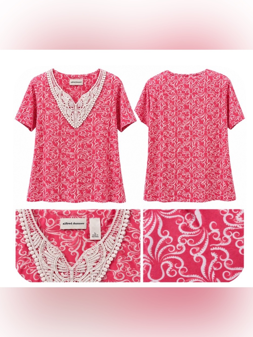 Alfred Dunner Pink White Paisley Crochet Trim Short Sleeve Top Size L